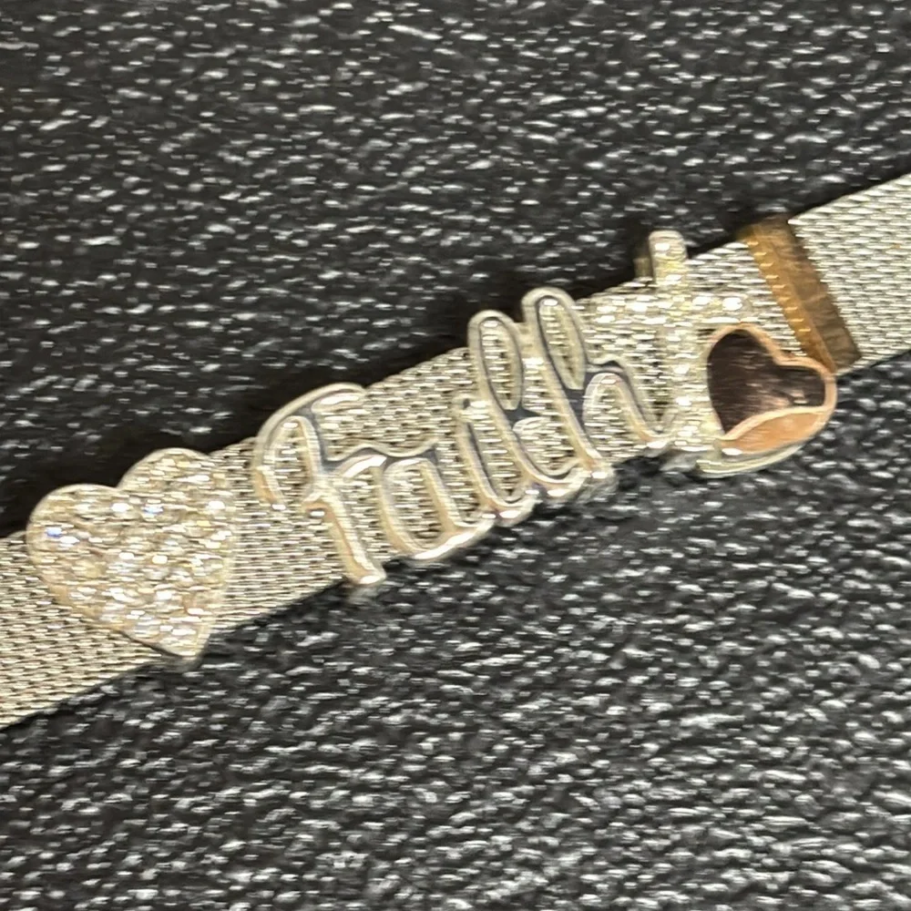 Stainless Steel Two Tone Faith Heart Slider Mesh Buckle Bracelet